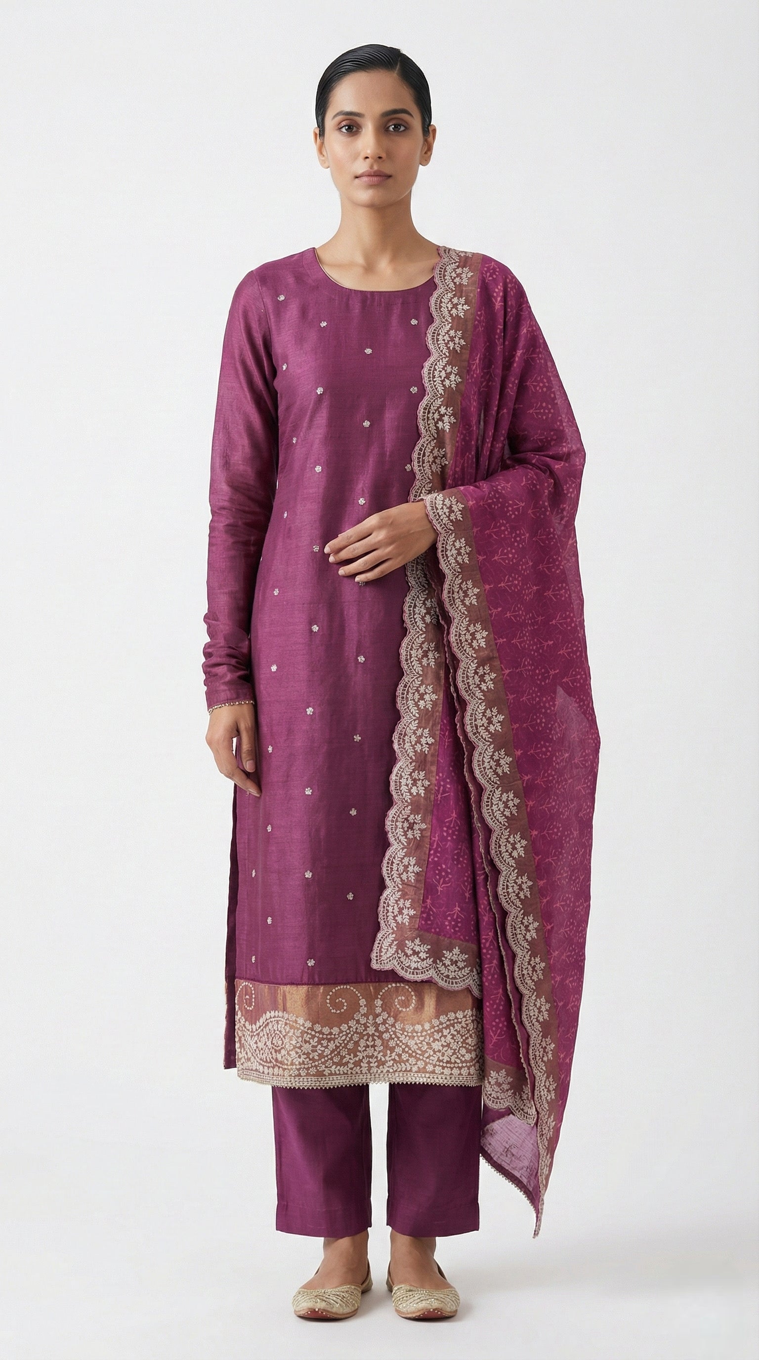 Magenta Pita Embroidered Tussar Unstitched Suit Set with Tissue Applique