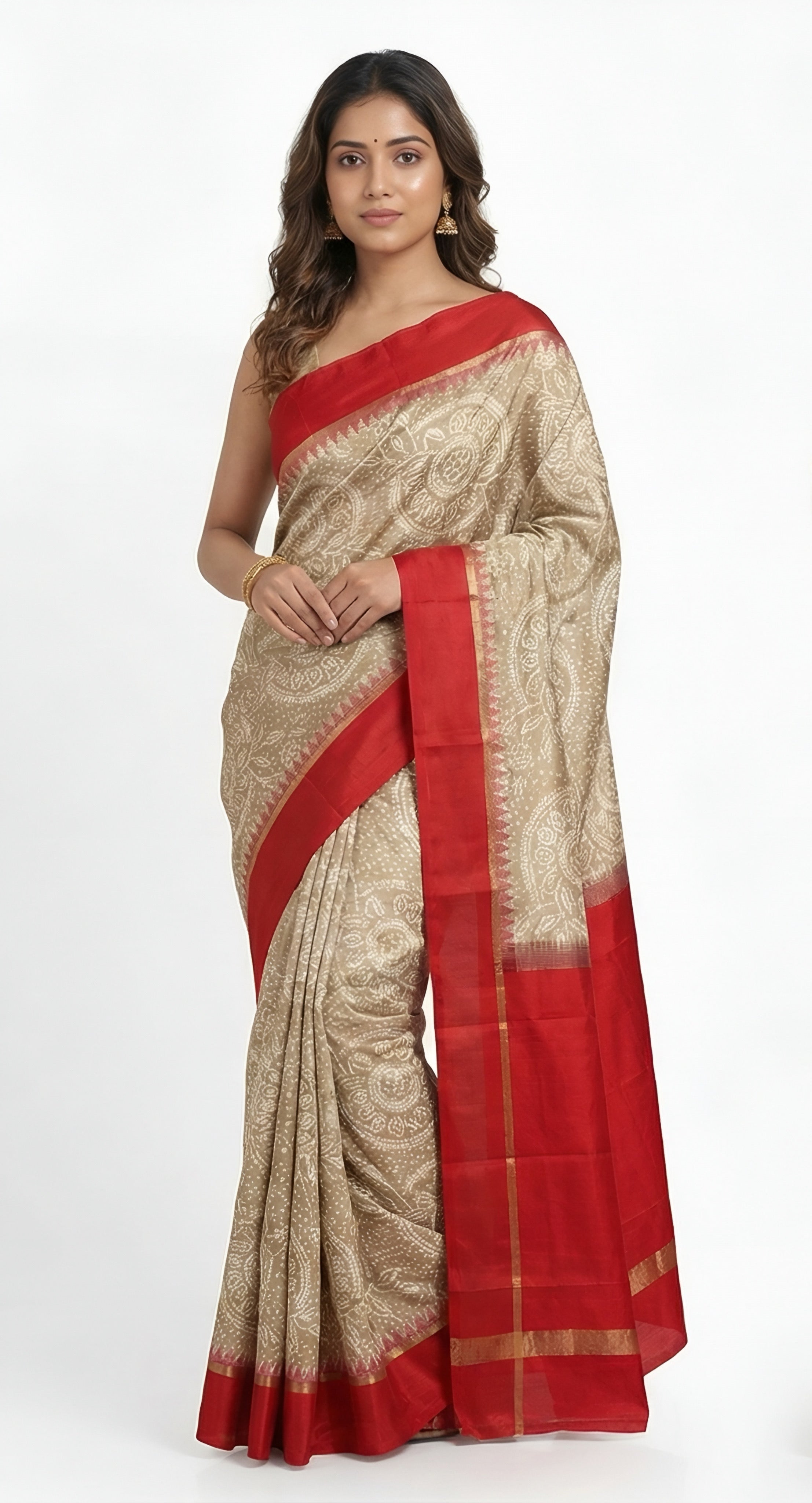 Beige and Red Bandhni Printed Silk Saree