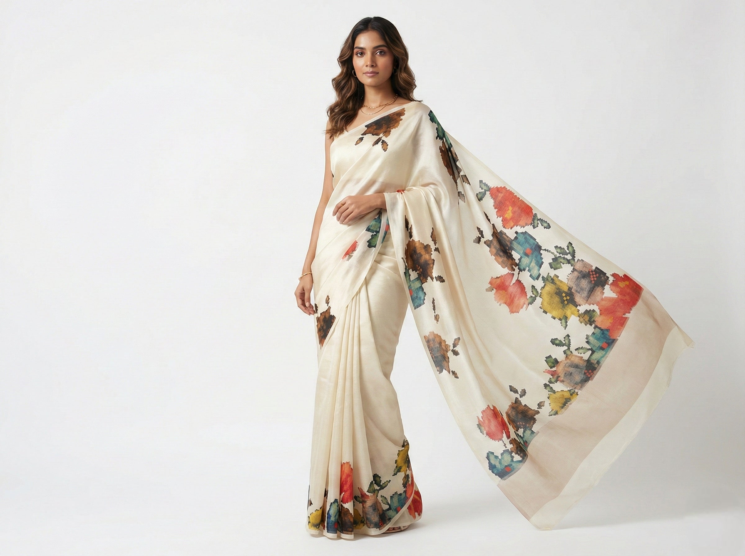 Off White Silk Saree with Multi-Color Floral Print