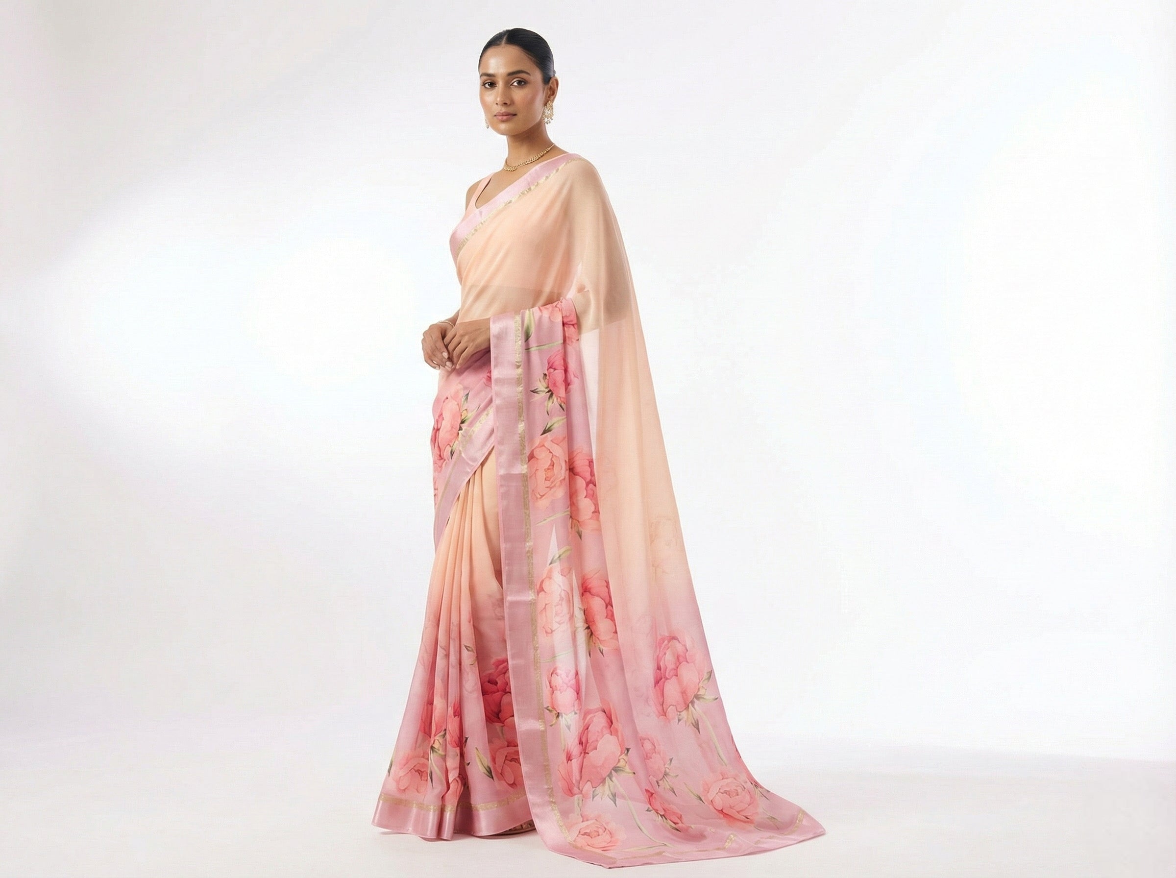 Peach Shaded Floral Printed Georgette Saree