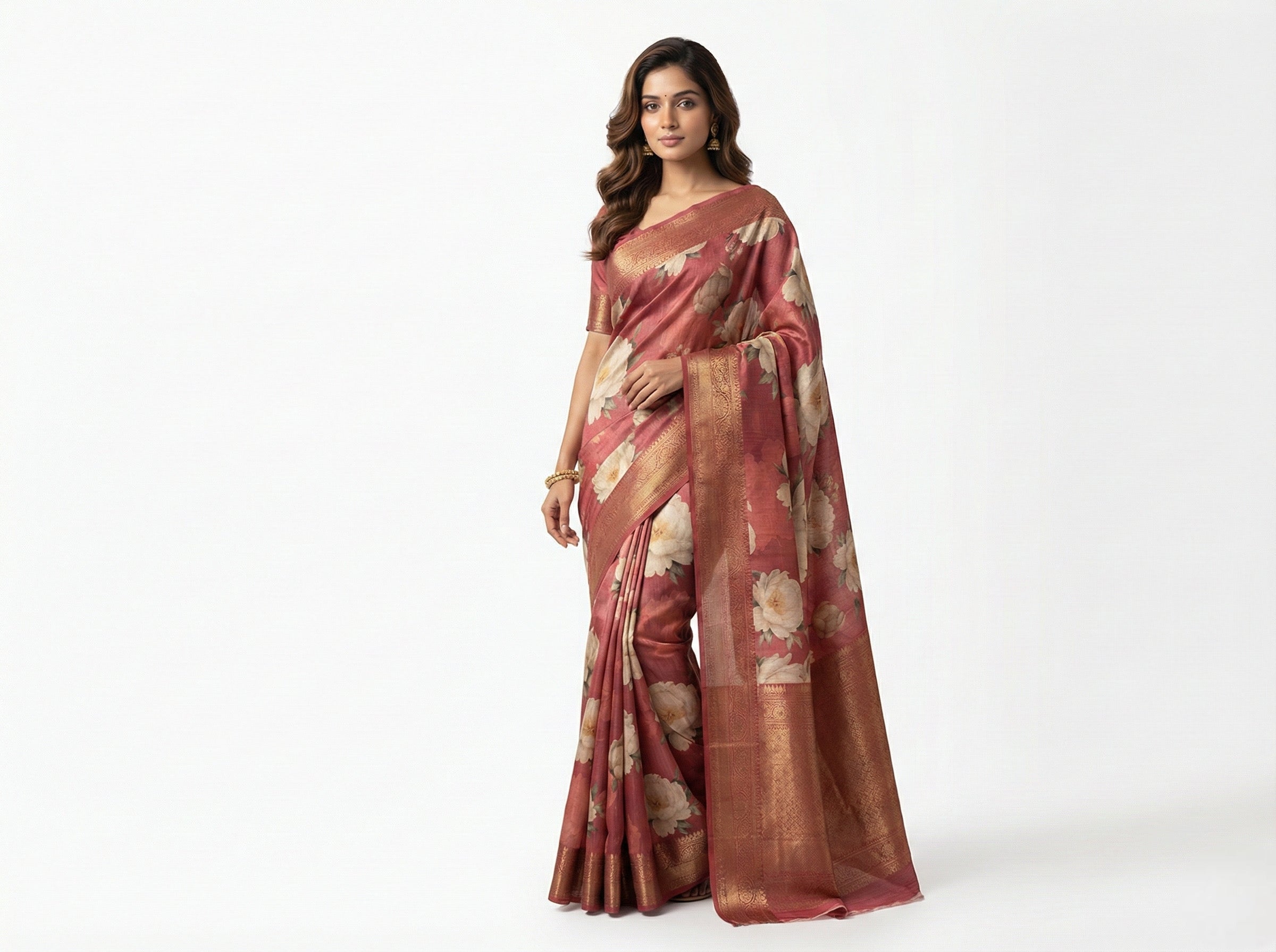 Brick Red Floral Printed Tussar Saree