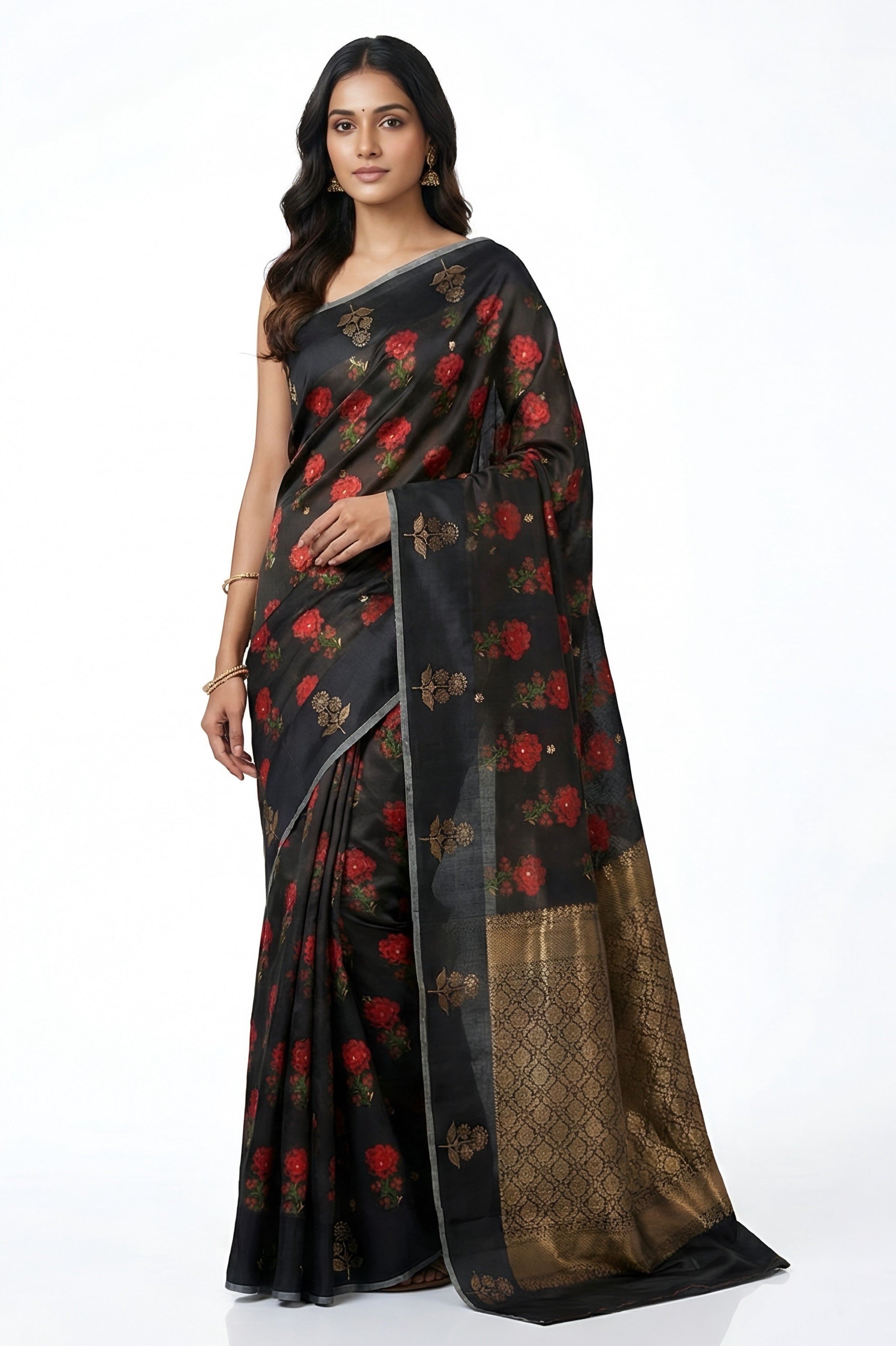 Black With Printed Rose Boutas Silk Saree