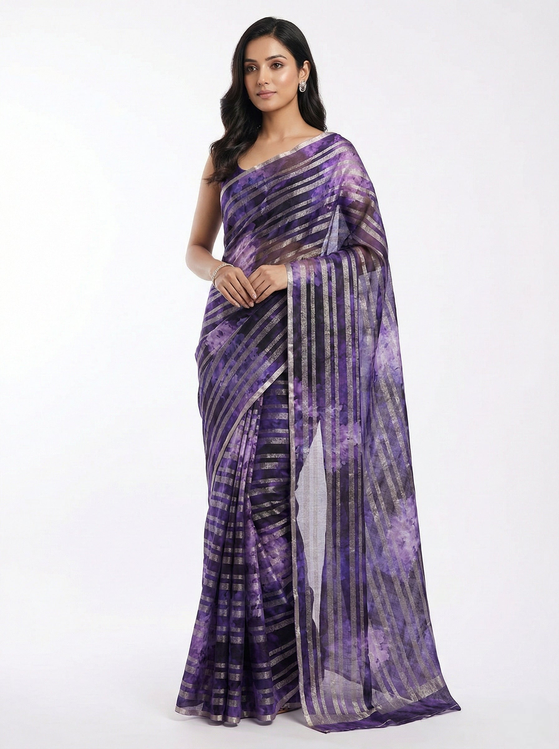 Purple Abstract Printed Stripe Tissue Saree