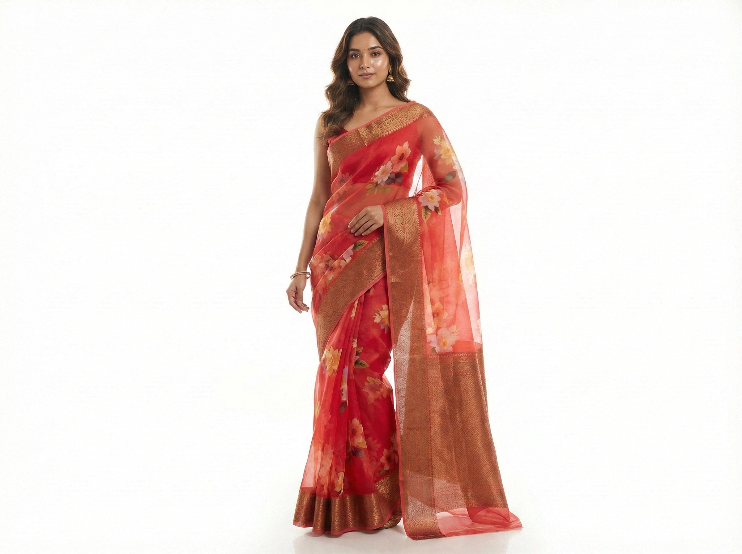 Red Printed Floral Boutas Organza Saree