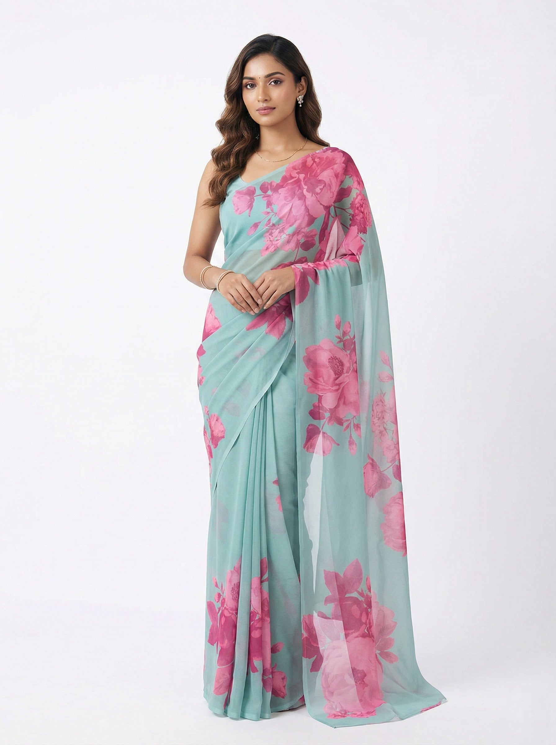 Firozi Georgette Saree with Pink Floral Print