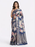 Blue Floral Printed Dupion Saree