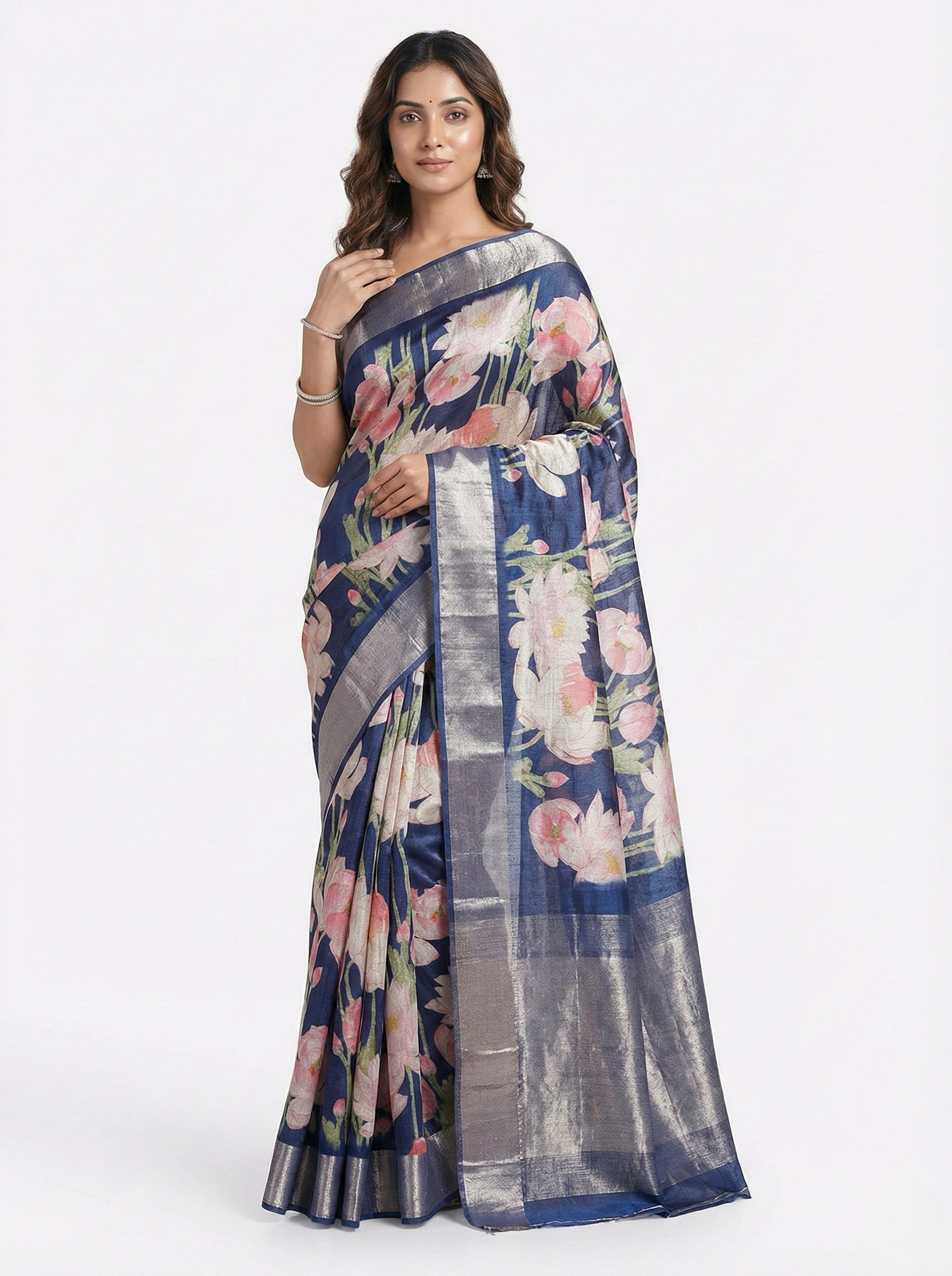 Blue Floral Printed Dupion Saree