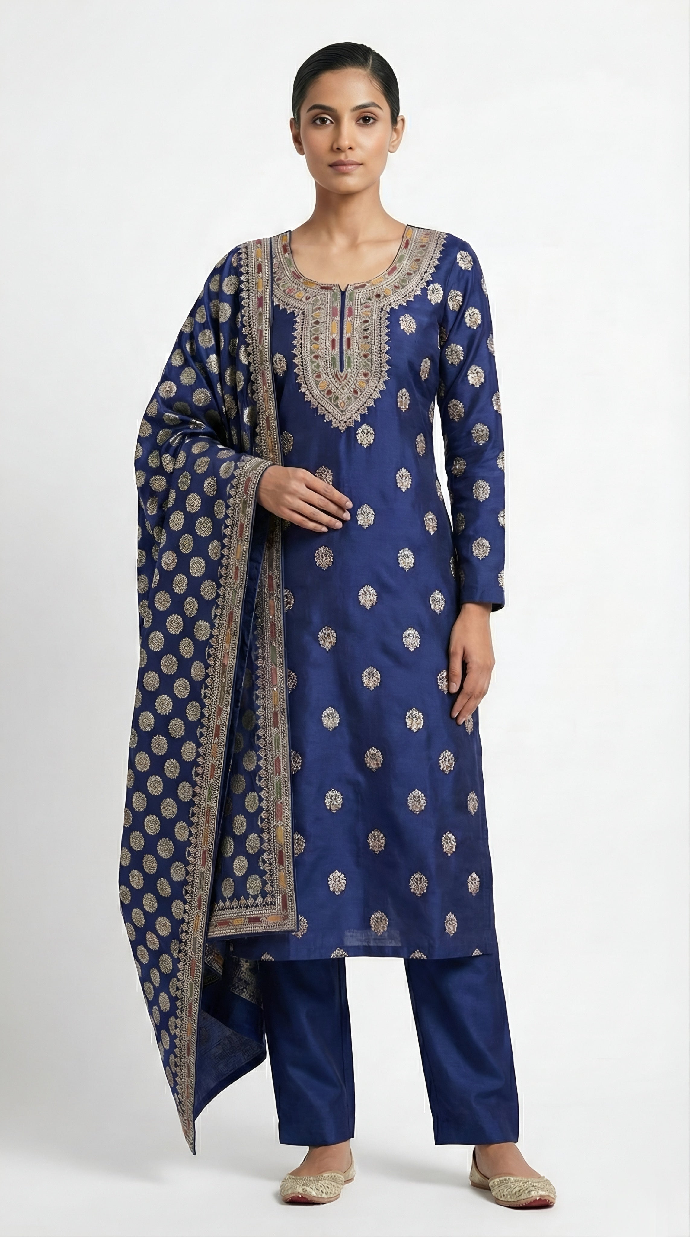 Navy Blue Banarasi Silk Unstitched Set with Zari and Sequins Embroidery