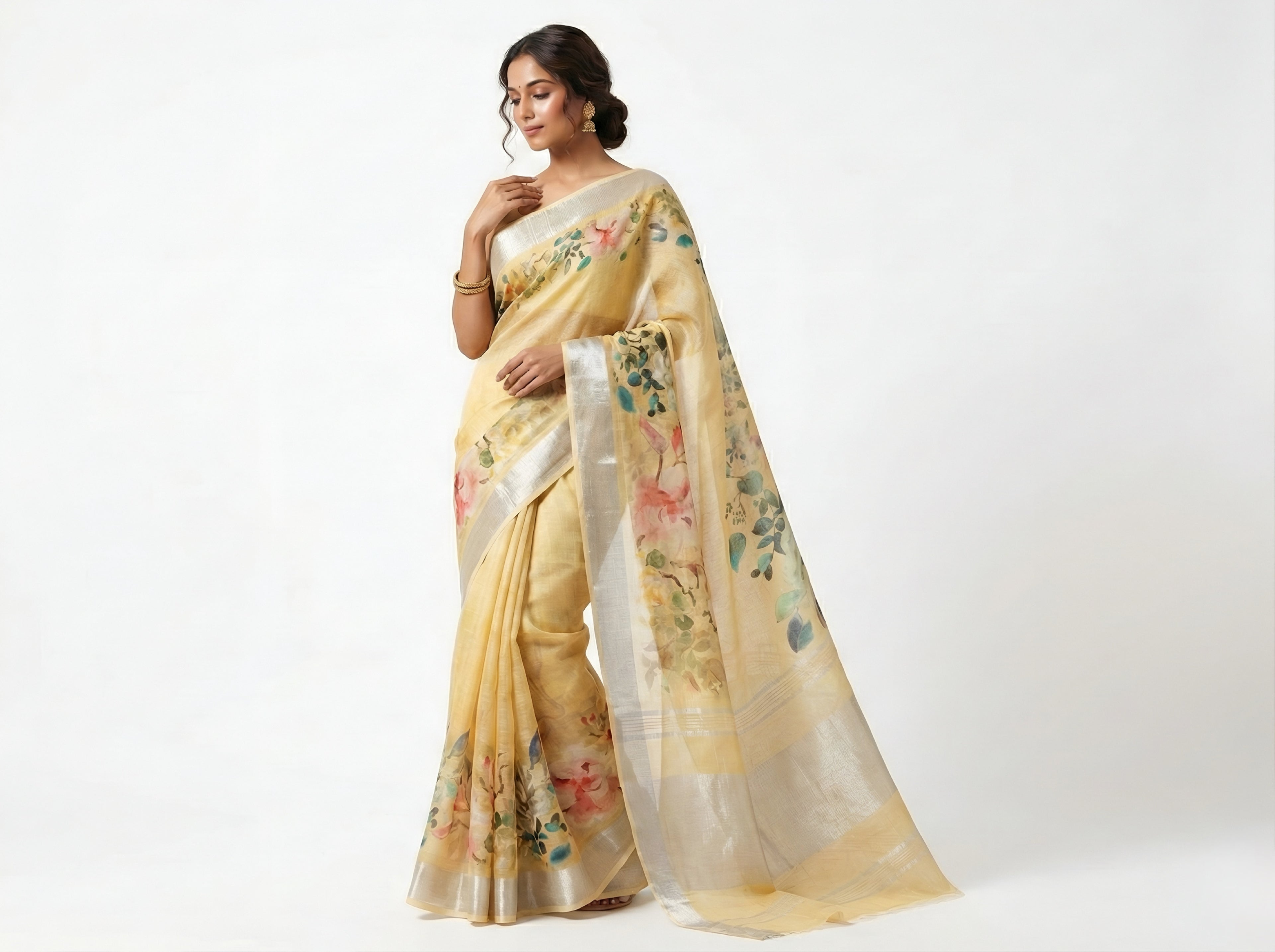 Yellow Floral Printed Linen Saree