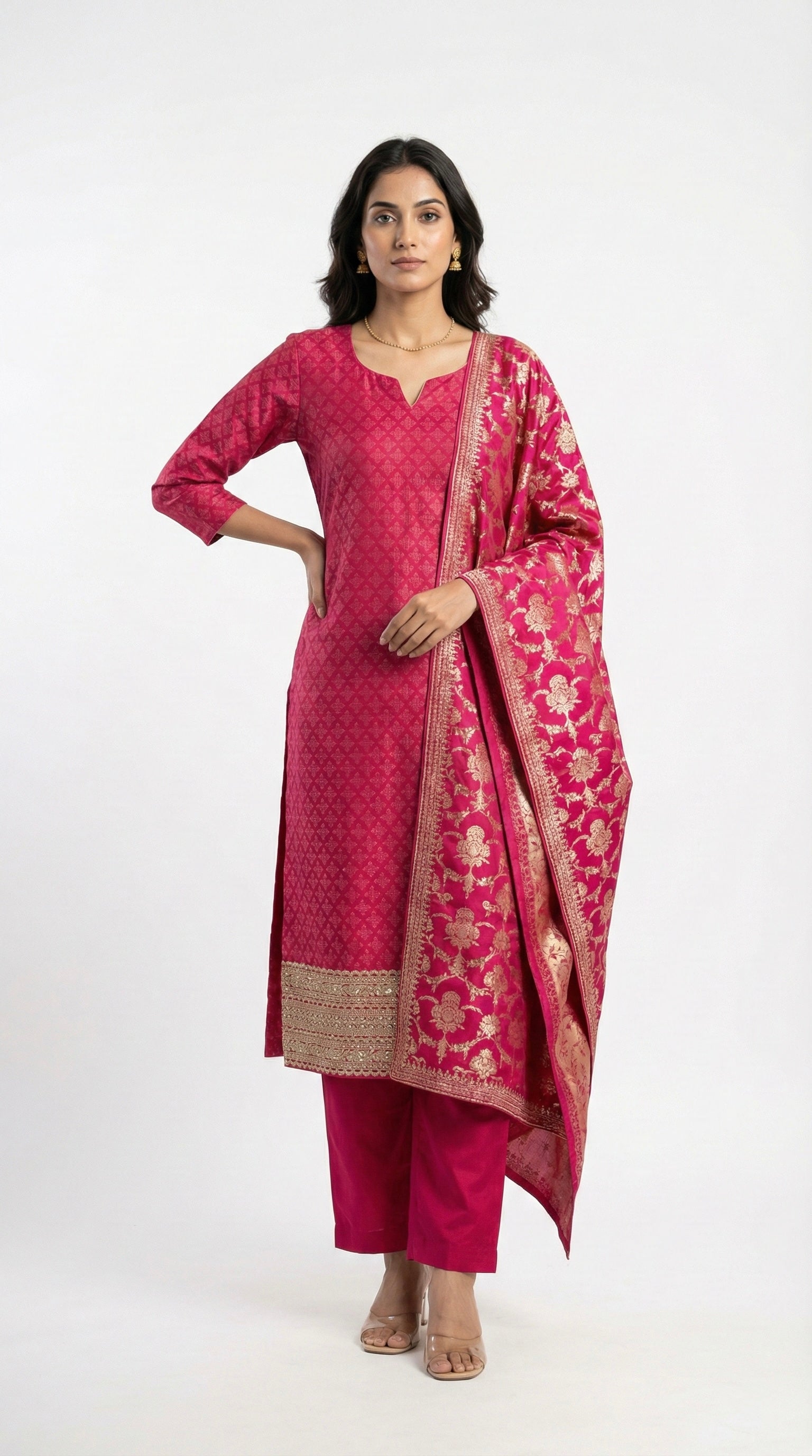 Rani Banarasi Silk Unstitched Suit with Brocade Dupatta