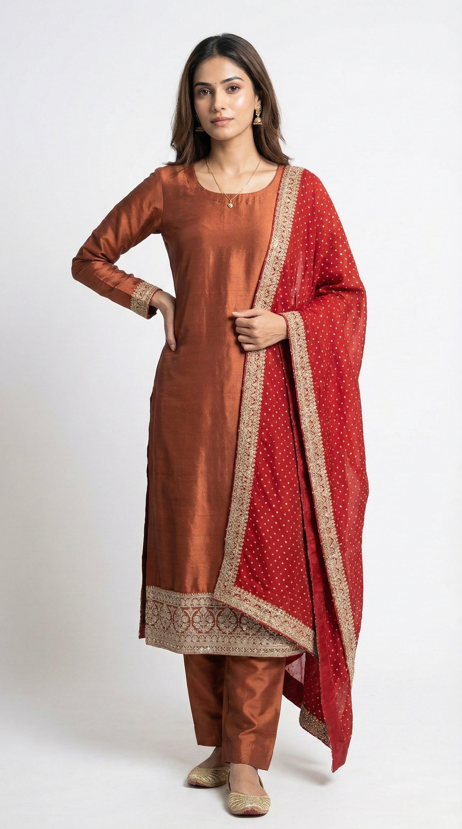Tan Dupion Silk Unstitched with Bandhani Georgette Dupatta