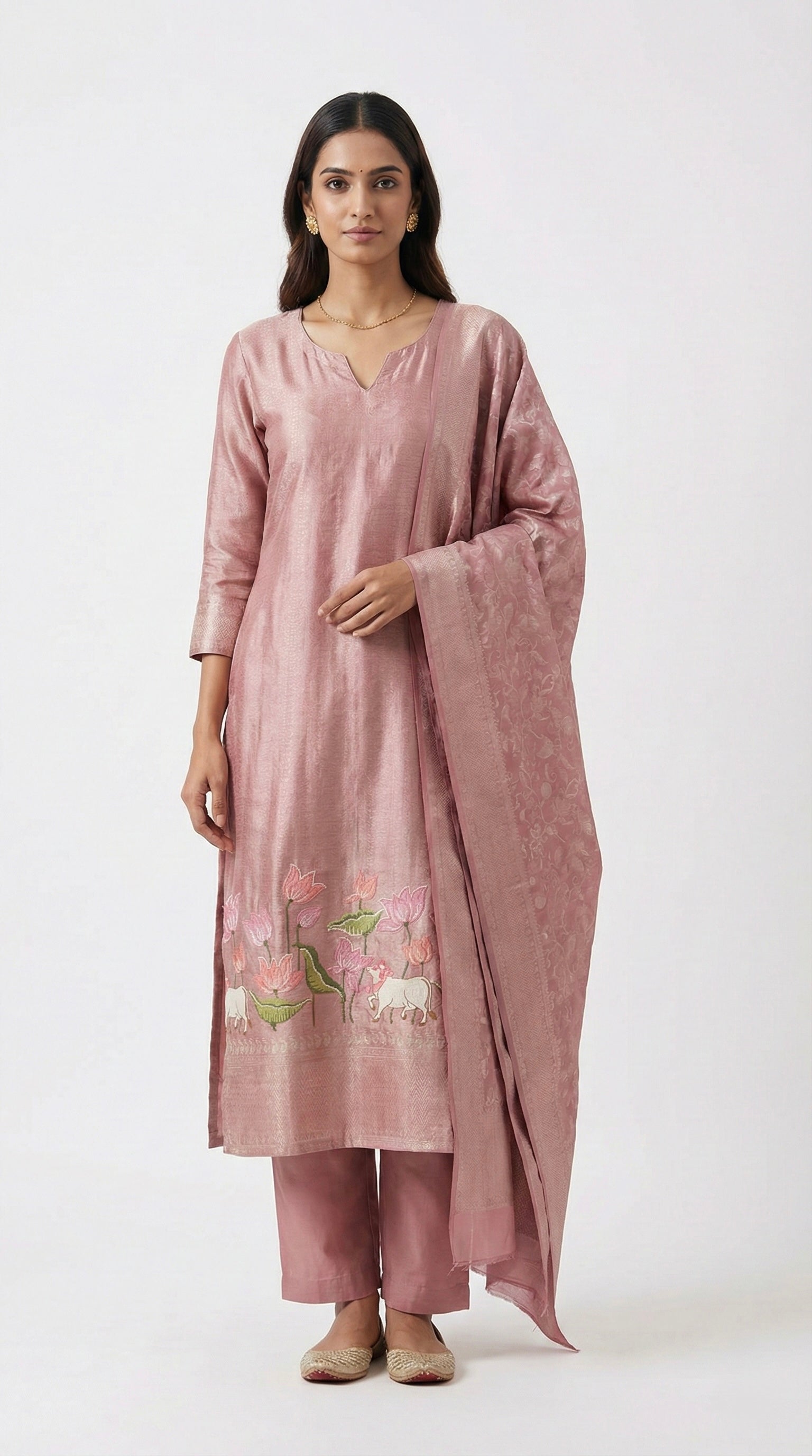 Onion Pink Chanderi Tissue Unstitched Suit Set with Pichwai Embroidery