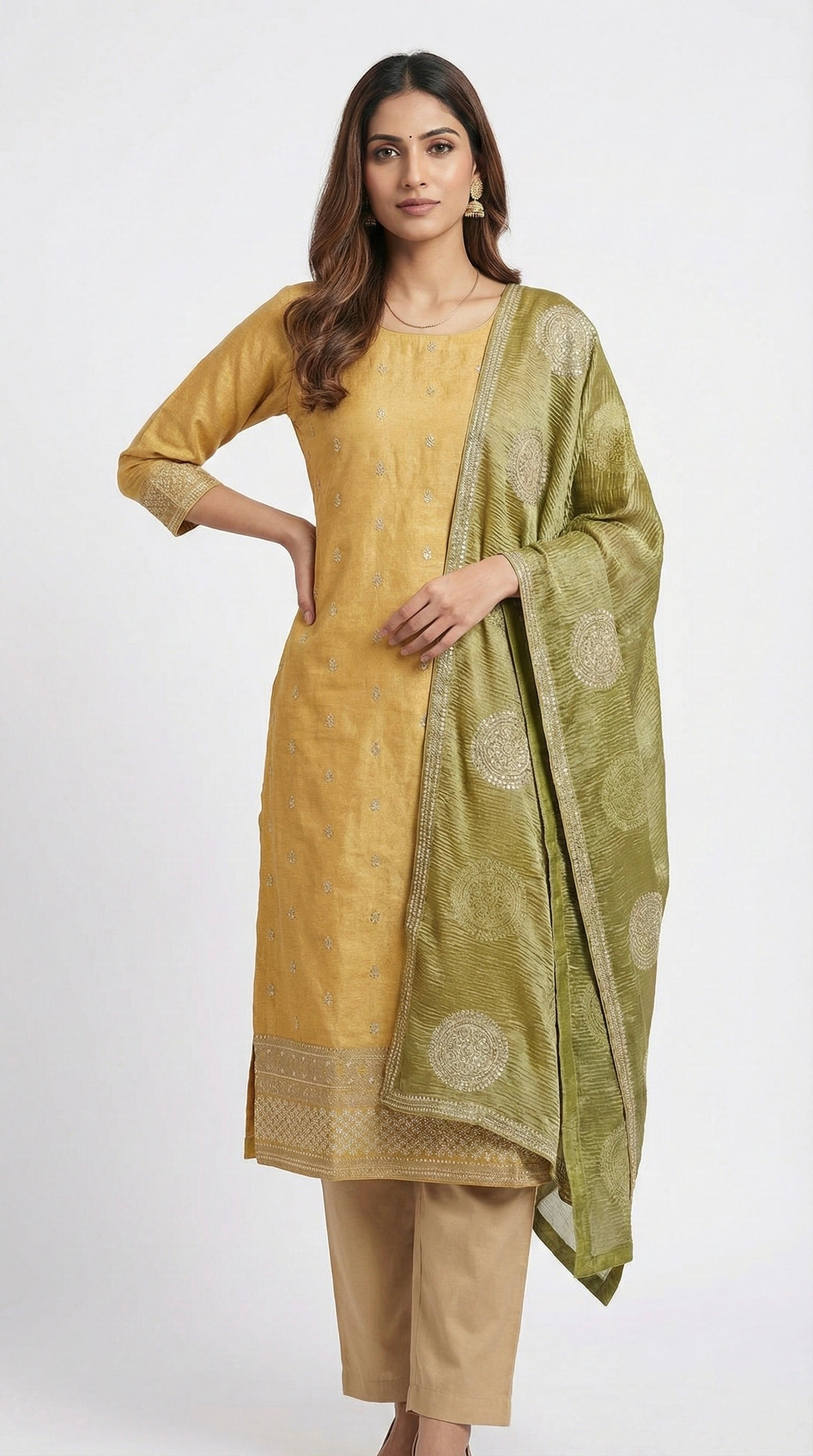 Yellow Unstitched Embroidered Suit with Contrast Crush Tissue Dupatta