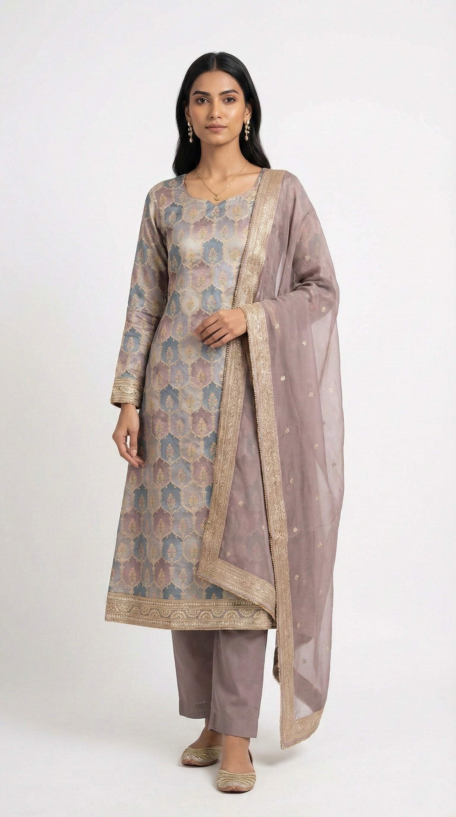 Multi-Colored Brocade Unstitched Suit with Organza Dupatta
