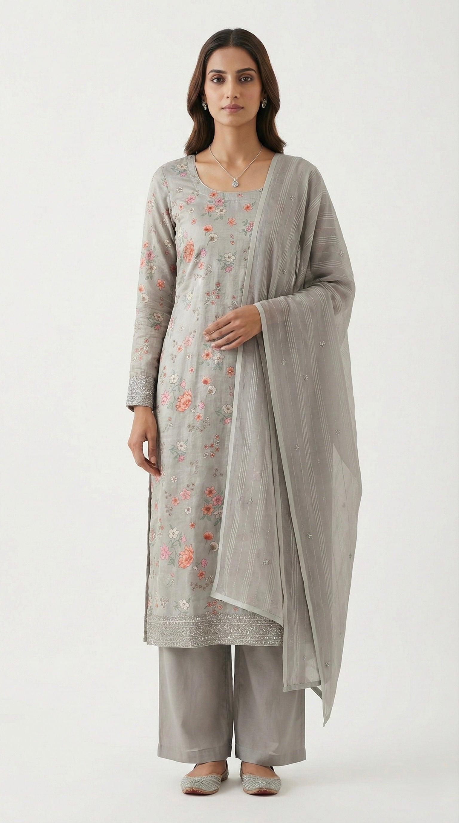 Silver Silk Tissue Unstitched Suit Set with Organza Dupatta