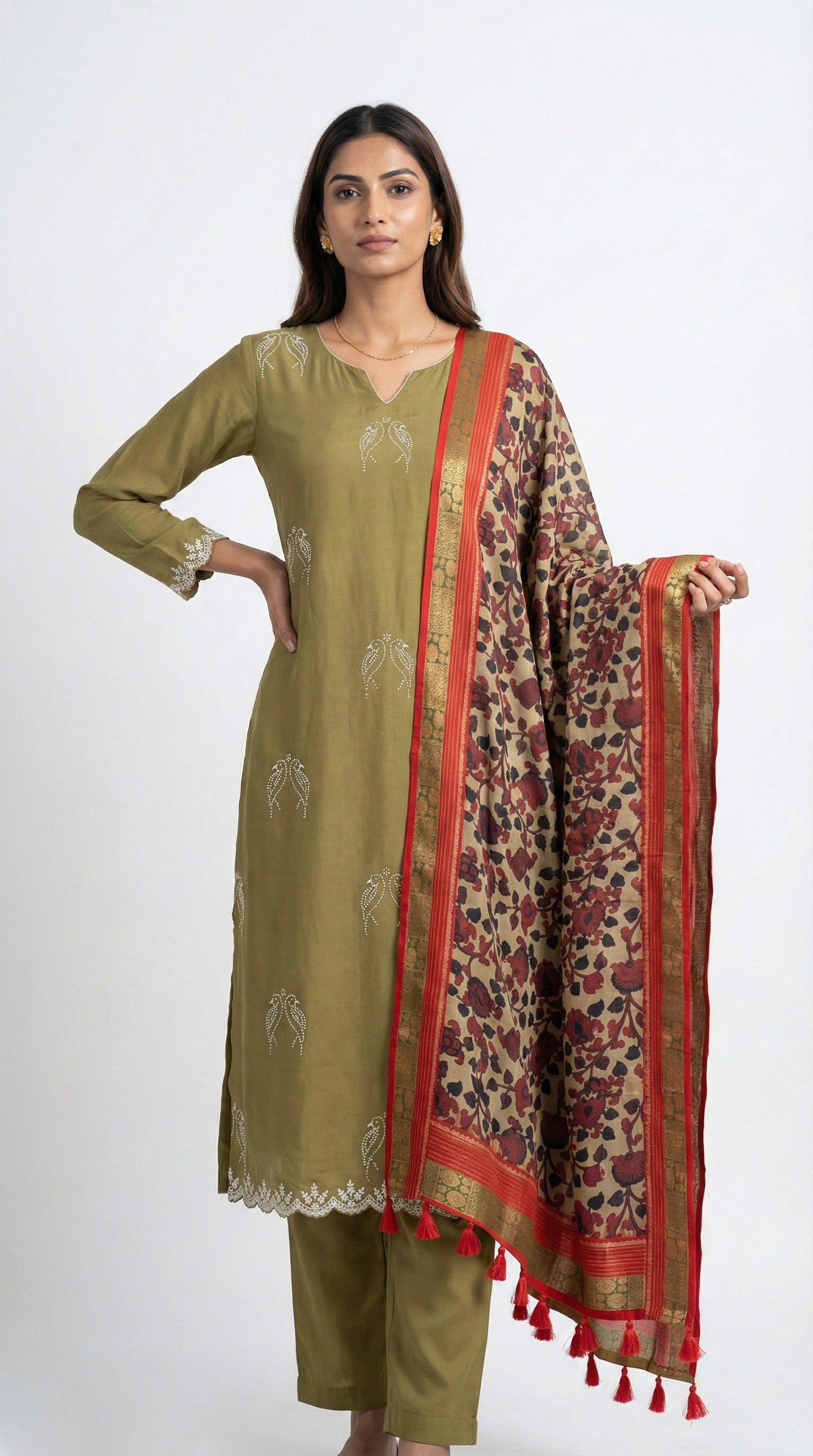 Olive Green Tussar Suit with Kalamkari Dupatta
