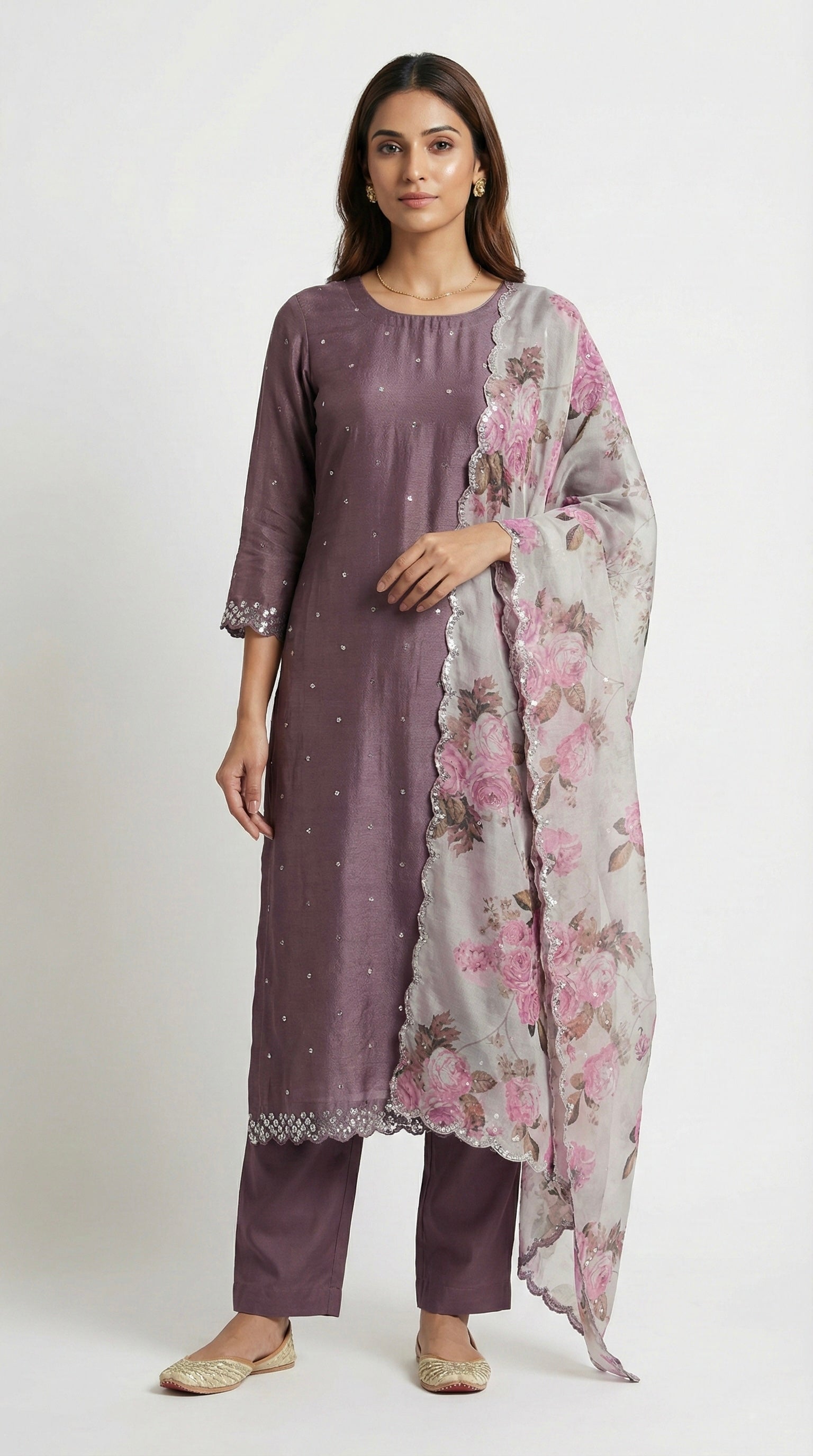 Mauve Tussar Unstitched Suit with Floral Printed Organza Dupatta