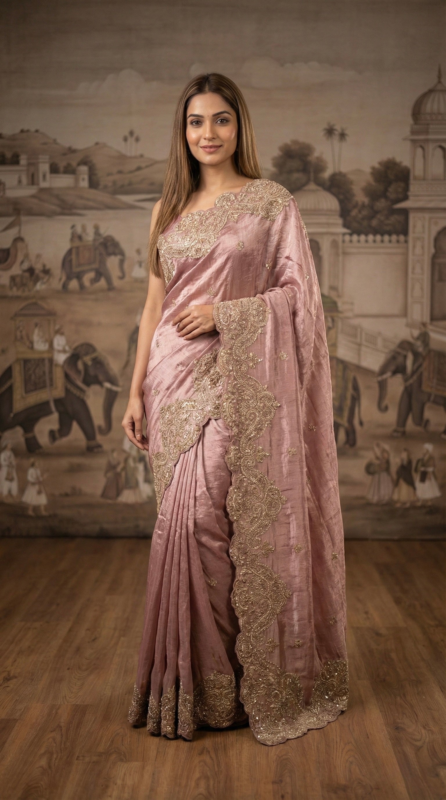 Pink Zardosi Hand Embroidered Chanderi Tissue Saree