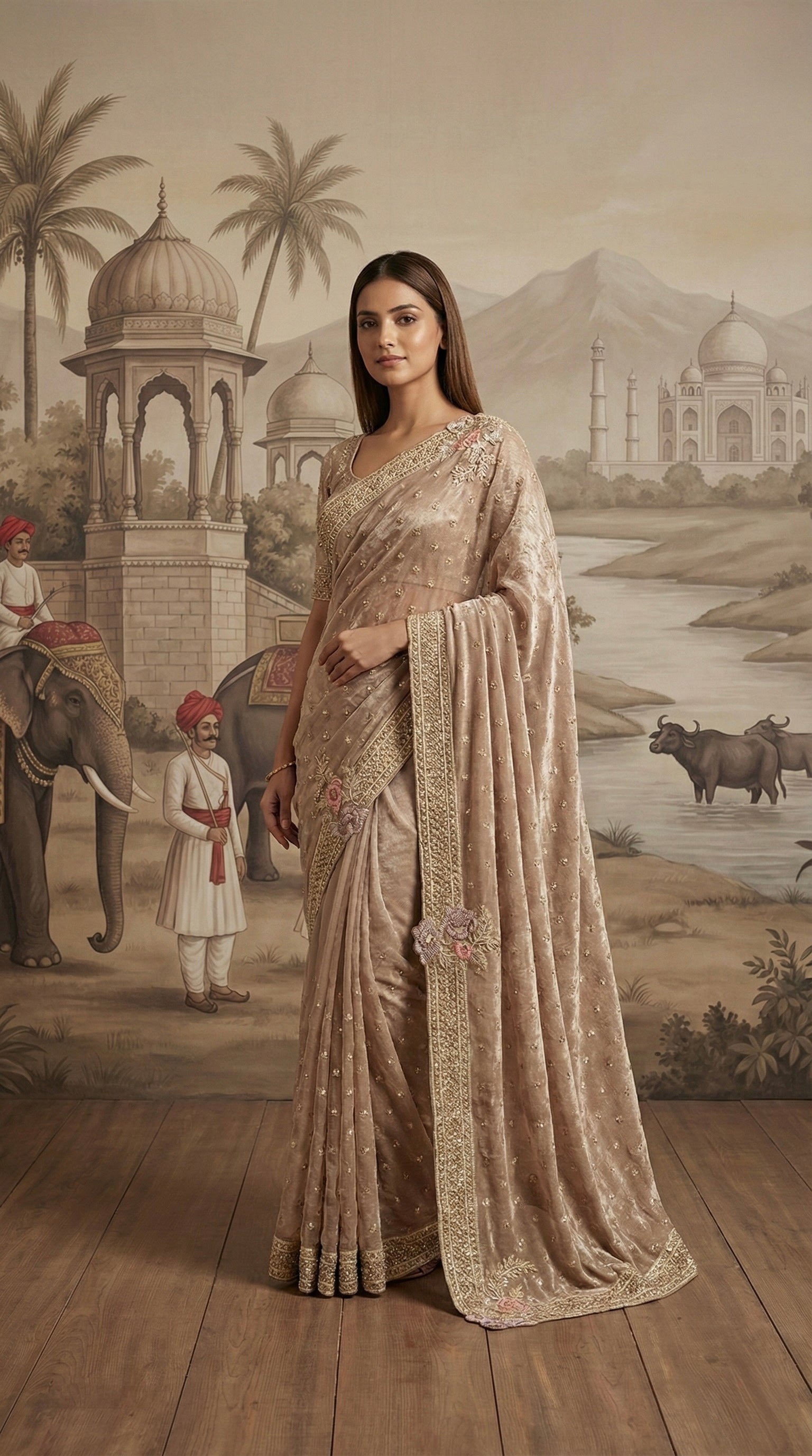 Dusty Peach Hand Embroidered Tissue Saree