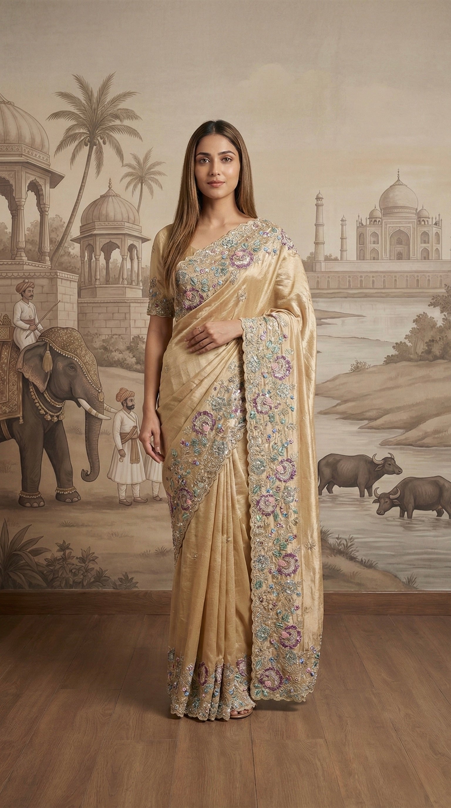 Gold Multi-Colored Hand Embroidered Tissue Saree