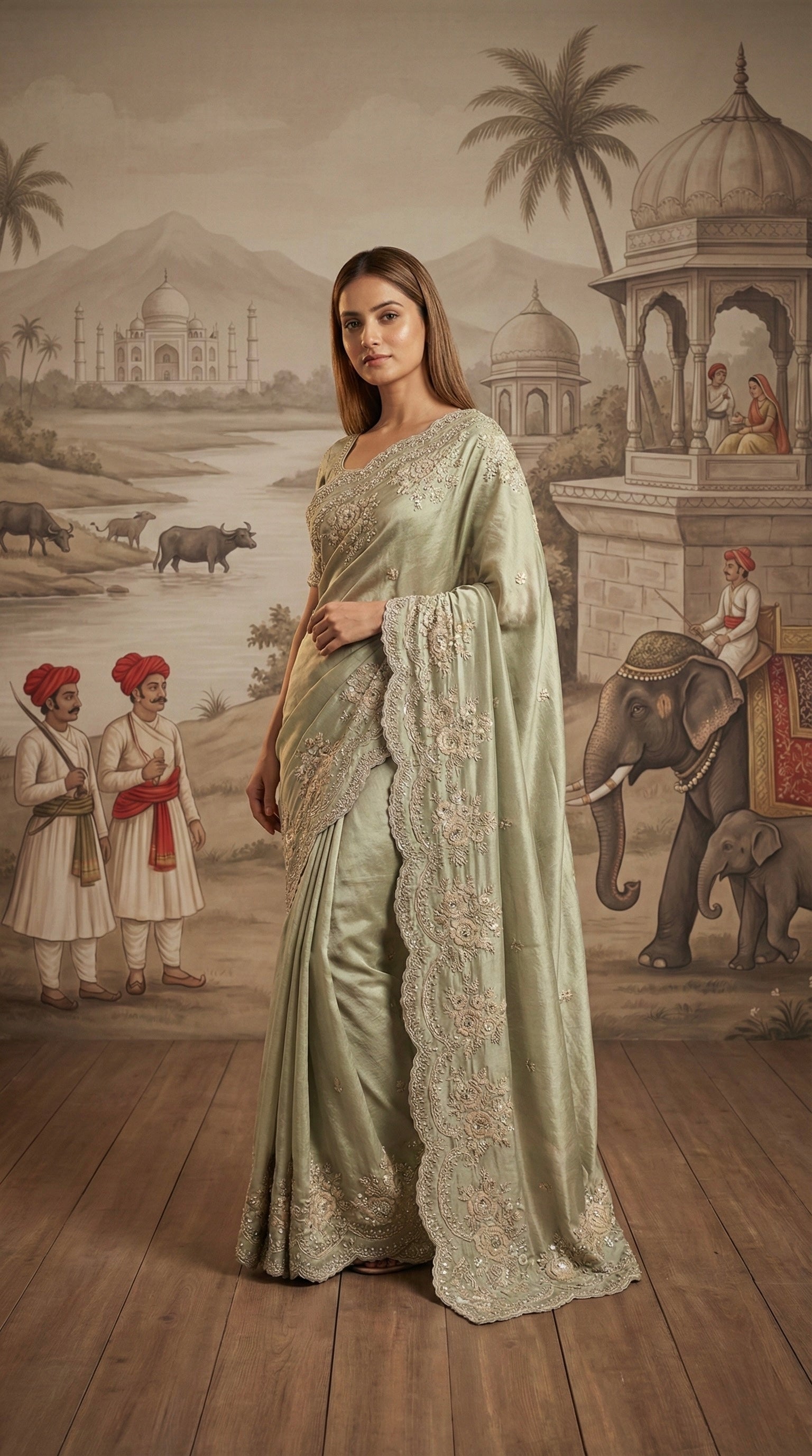 Mint Green Zardosi Hand Embroidered Chanderi Tissue Saree