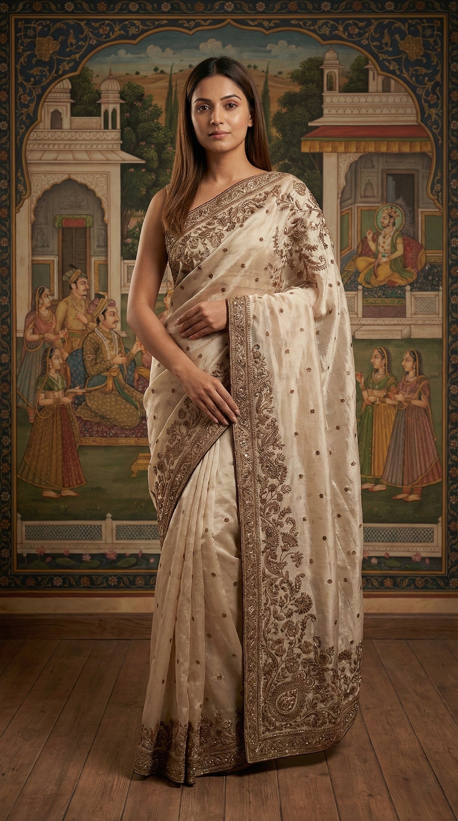 Off White Zardosi Hand Embroidered Tissue Saree