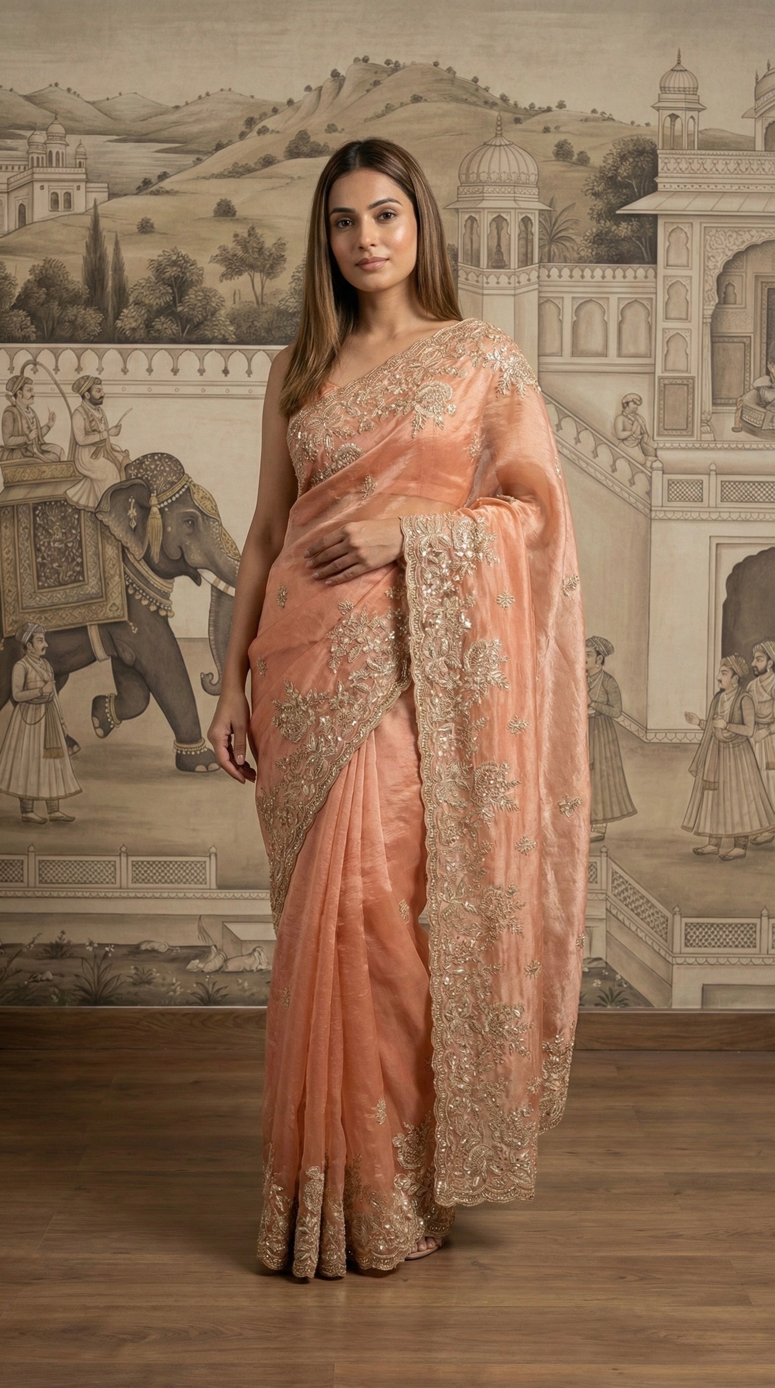 Peach Multi-Colored Hand Embroidered Tissue Saree