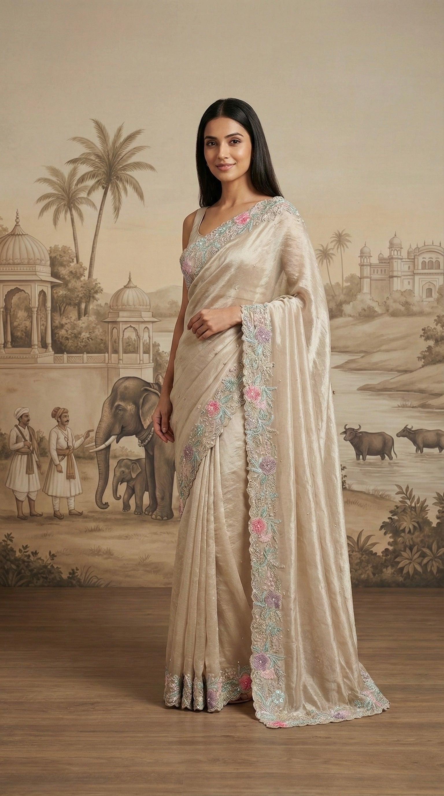 Hand Embroidered Champagne Tissue Saree with Multi-Colored French Knots