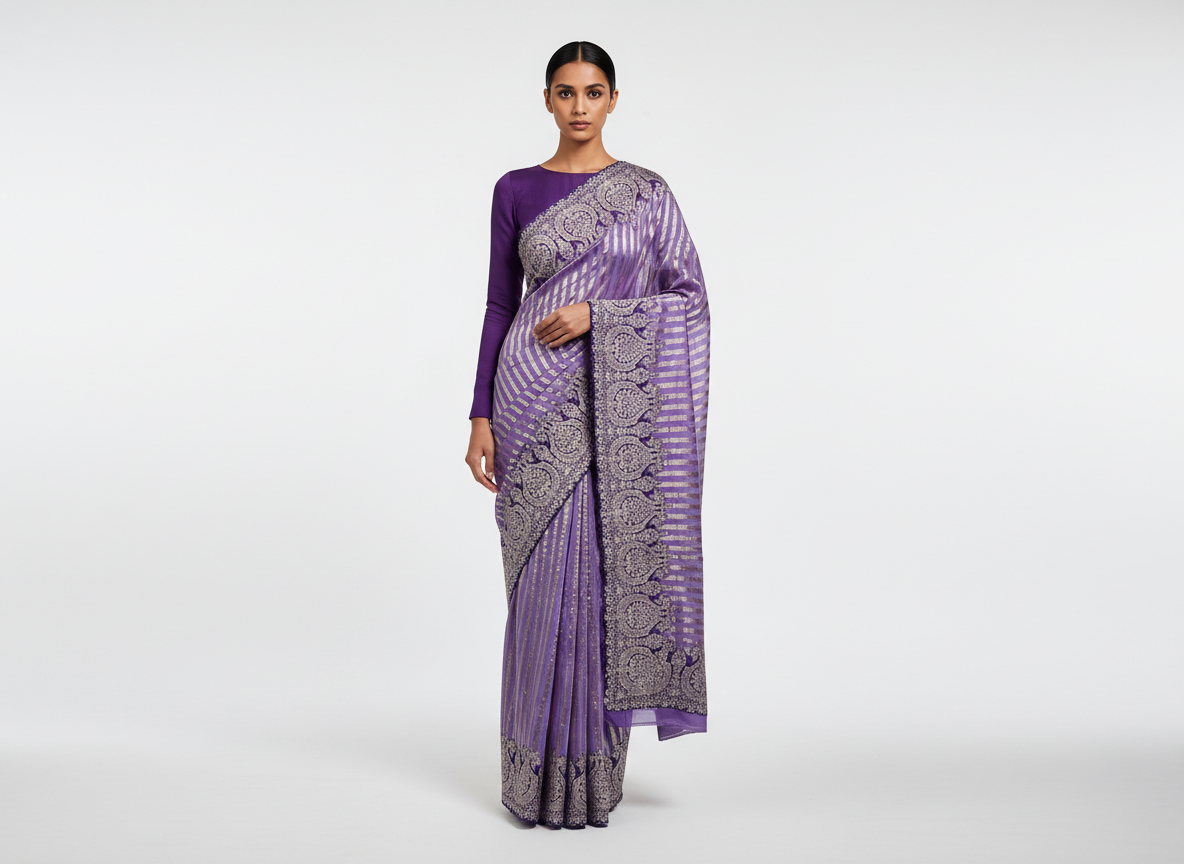 Purple Stripe Zari Embroidered Silk Saree