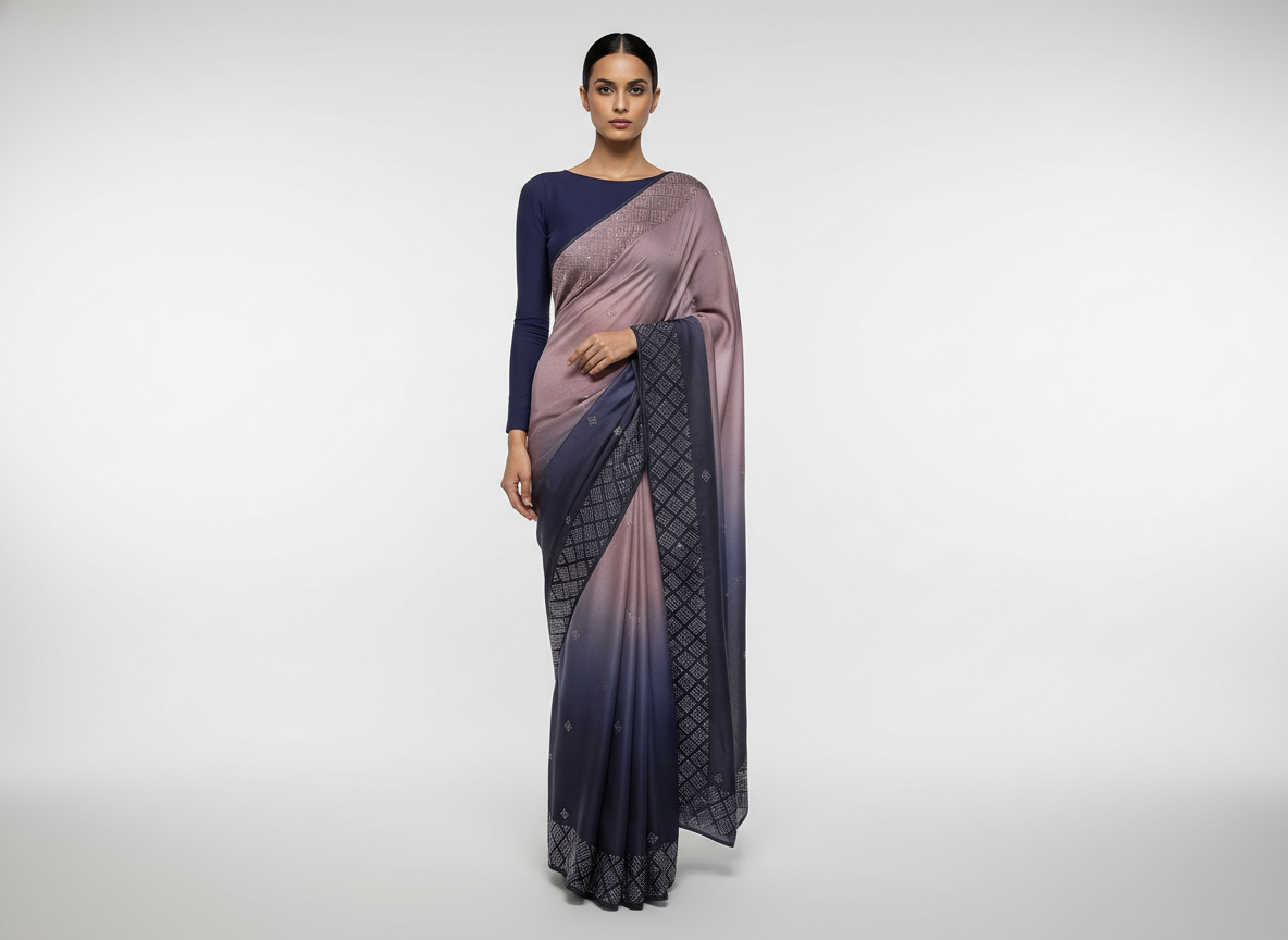 Pink Navy Blue Ombre Shaded Swarovski Embroidered Satin Saree