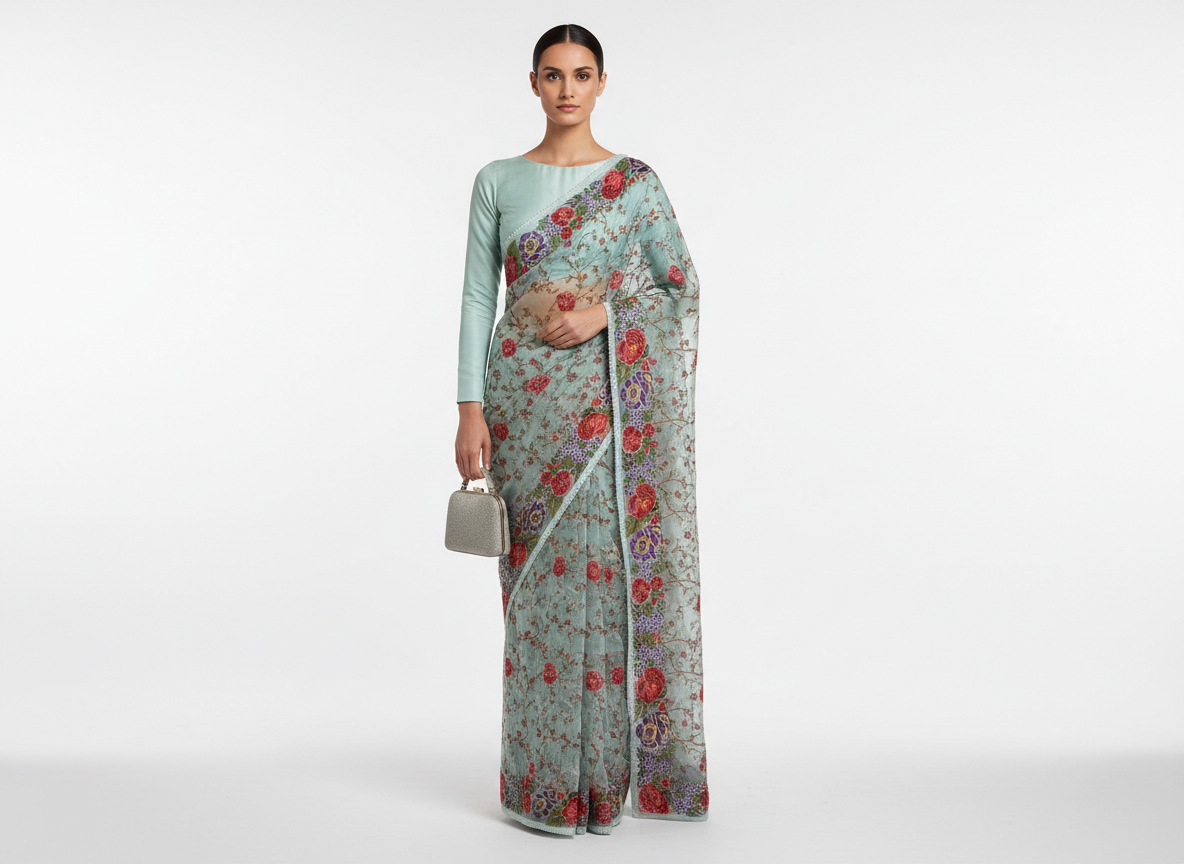 Firozi Resham Aari Embroidered Organza Saree