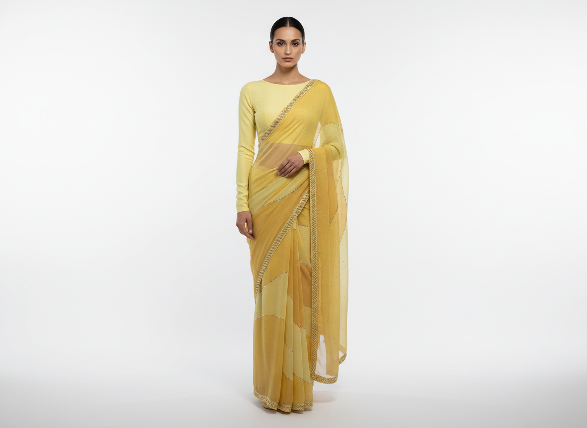 Yellow Swarovski Emrbroidered Georgette Printed Saree
