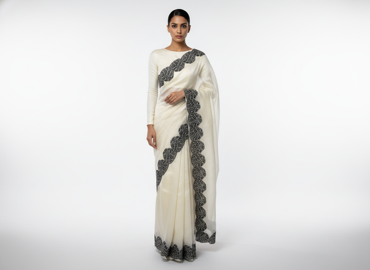 Off-White Floral Applique Organza Saree