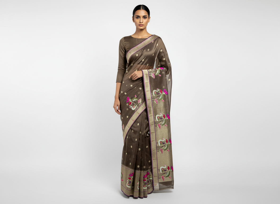 Brown Resham and Zari Embroidered Organza Saree