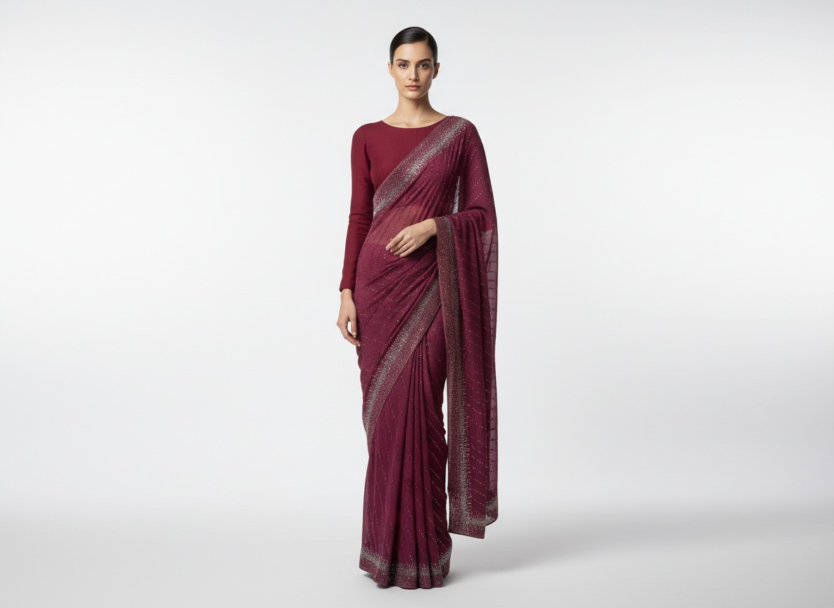 Wine Swarovski Embroidered Georgette Saree