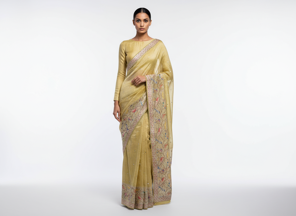 Cream Sequins Dori Embroidered Crush Tissue Printed Saree