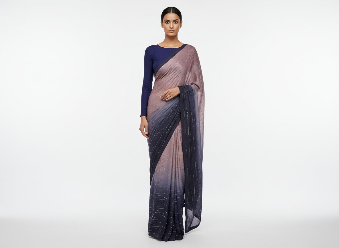 Pink Navy Blue Ombre Shaded Swarovski Embroidered Satin Saree