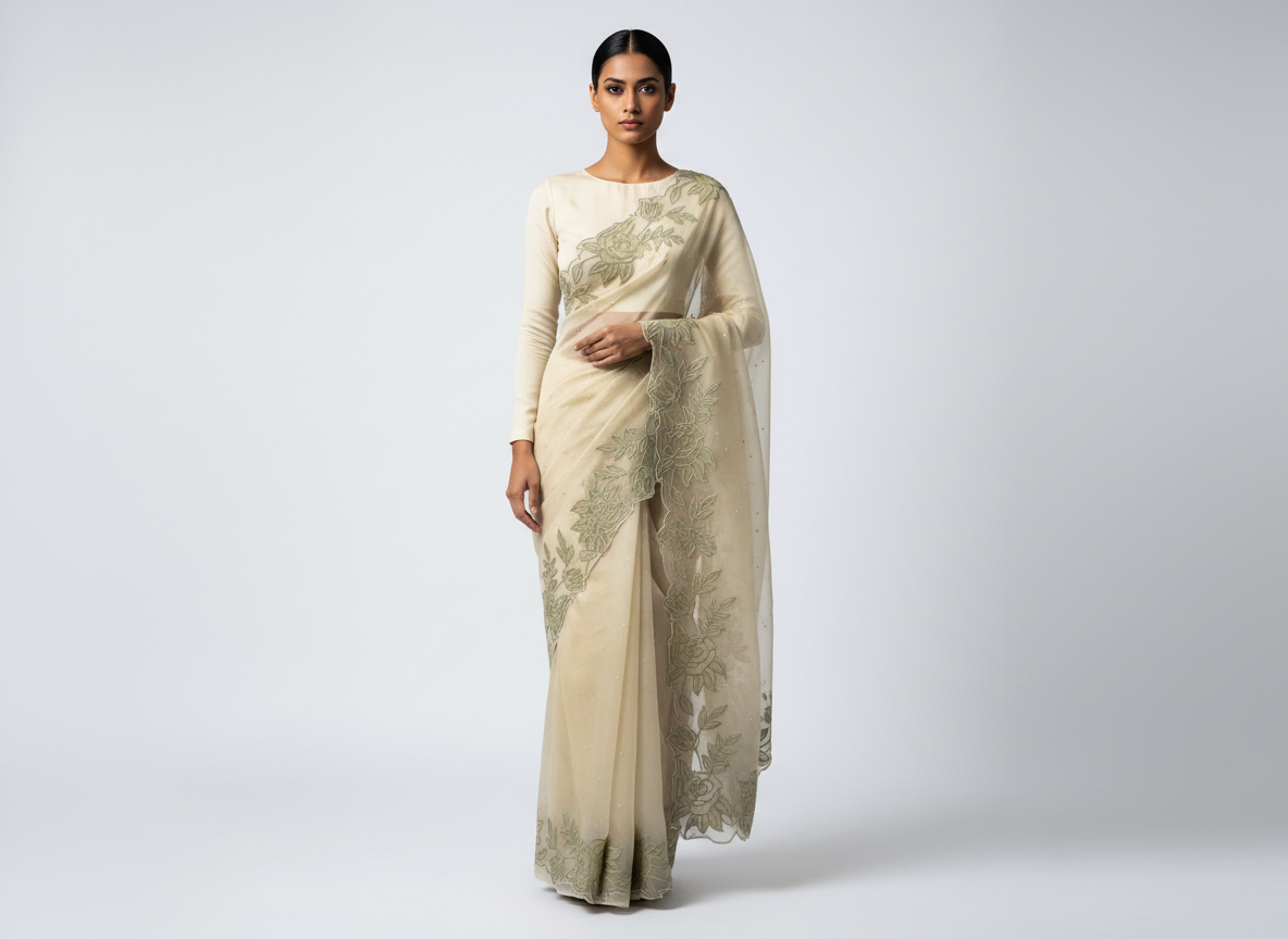 Cream Floral Tissue Applique Organza Saree