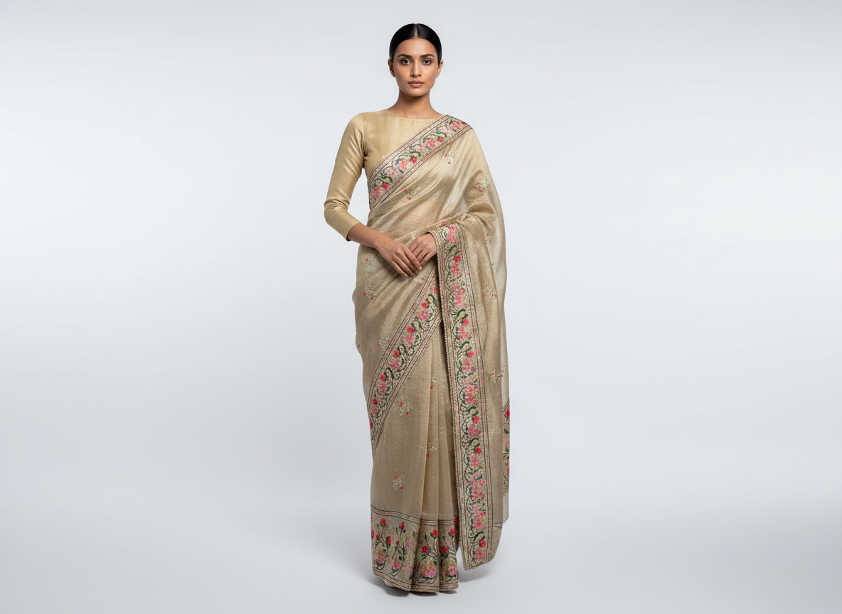 Cream Resham Zari Embroidered Crush Tissue Saree