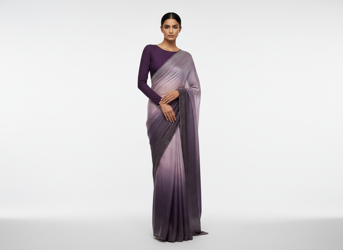 Pink Purple Ombre Shaded Swarovski Embroidered Satin Saree