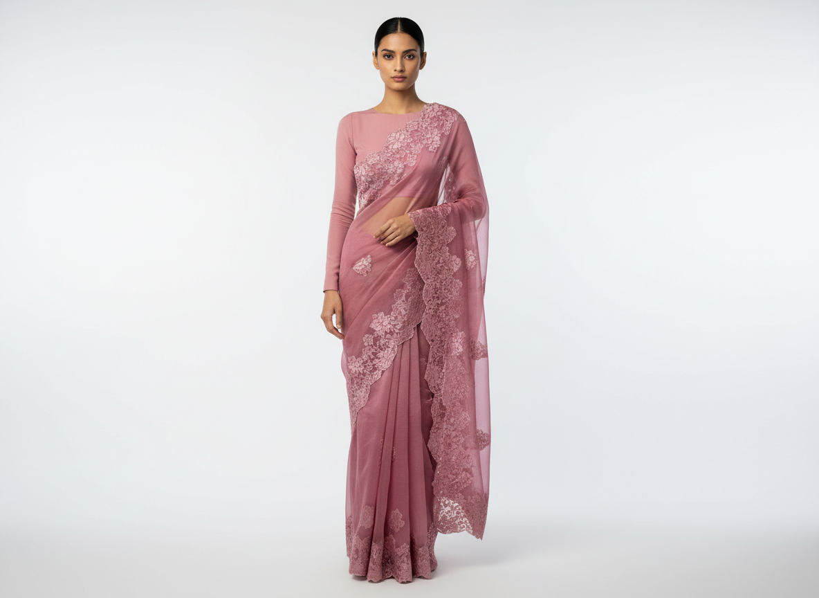 Pink Chantilly Lace Embroidered Organza Saree