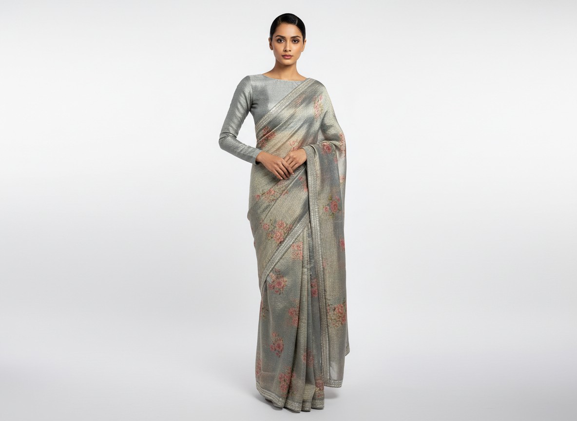 Cream Sequins Dori Embroidered Crush Tissue Printed Saree