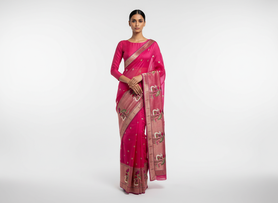 Brown Resham and Zari Embroidered Organza Saree